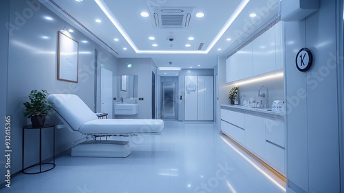 Modern medical clinic interior with a treatment area and amenities.