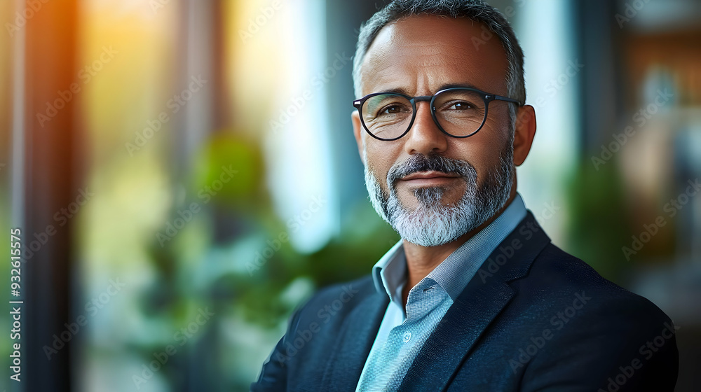 A confident man with glasses and a beard in a professional setting.