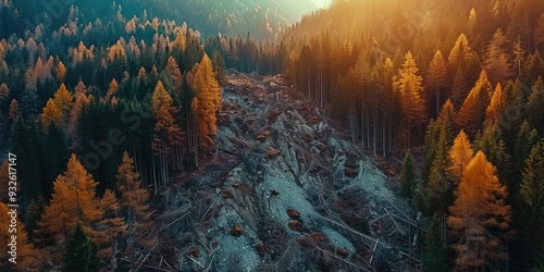 Bird s eye view of a scenic mountain forest affected by a landslide photo