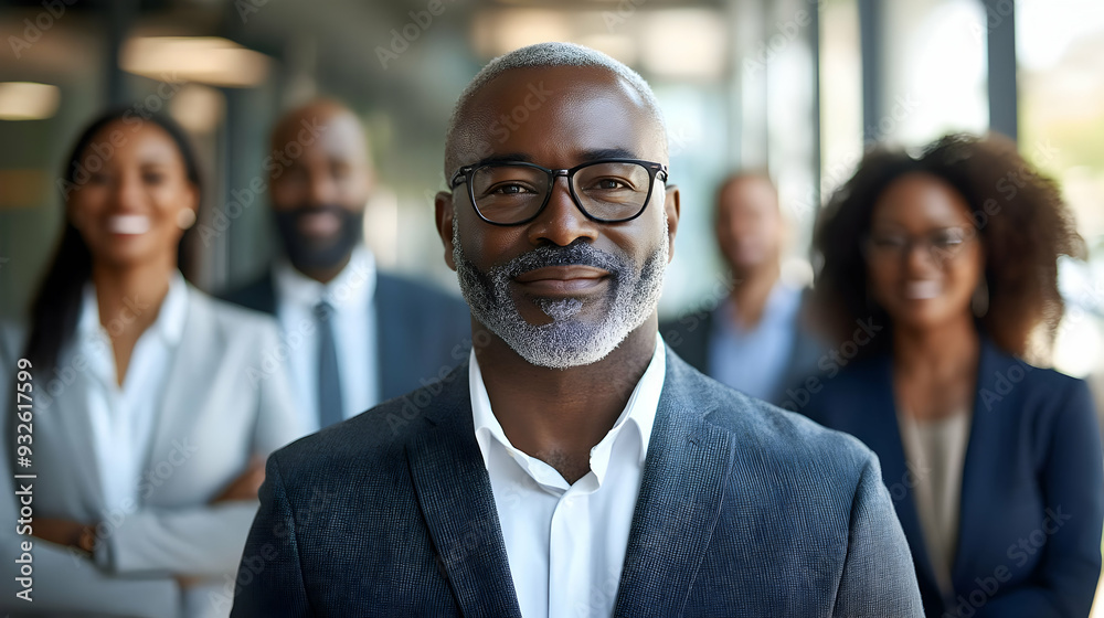 A confident professional man leading a diverse team in business attire. A confident professional man leading a diverse team in business attire.