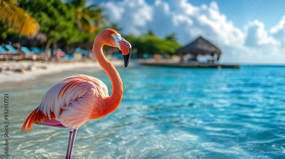 Fototapeta premium Flamingo on Renaissance Island Flamingo Beach Aruba : Generative AI