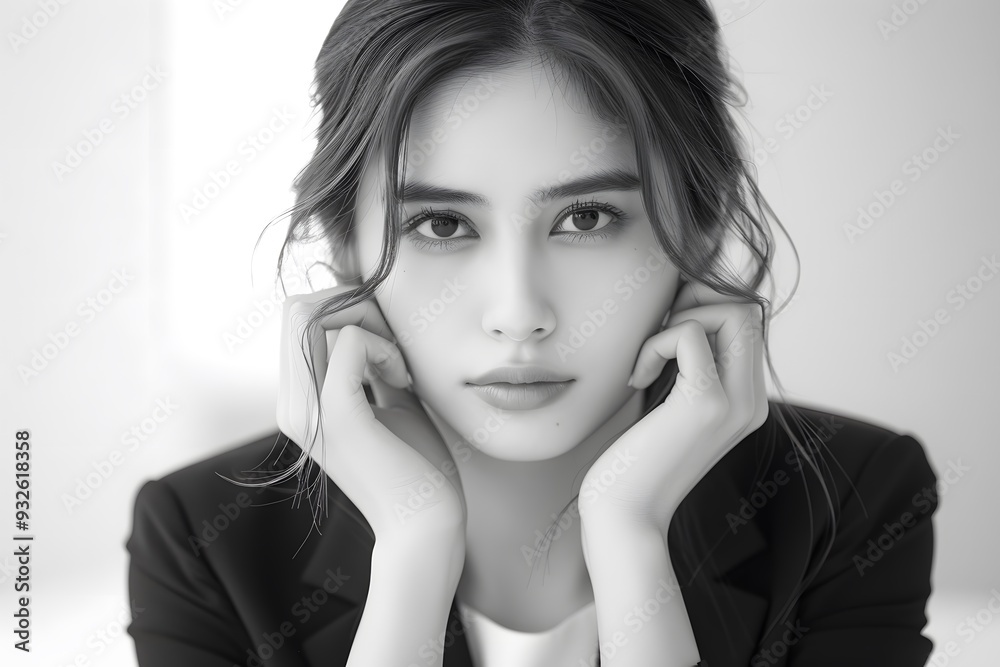 Black and white portrait of a stressed Asian businesswoman, classic photography style, high contrast, isolated on white background Black and white portrait of a stressed Asian businesswoman, classic photography style, high contrast, isolated on white background