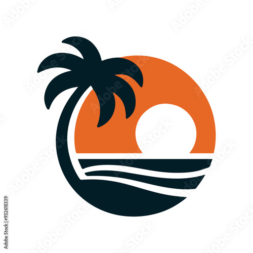 Palm Tree Beach Sunset Silhouette Logo: This Tropical Vector Icon Perfectly Captures the Essence of Coastal Living, Ideal for Travel, Beach Resorts, Summer Destinations, and Nature-Based Branding