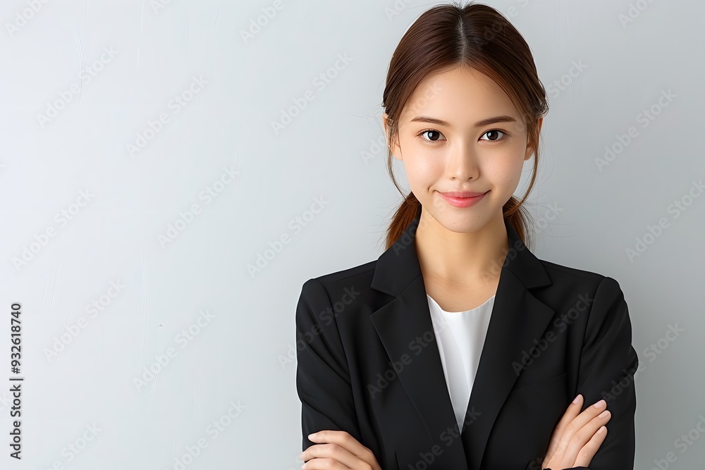 Stressed Asian businesswoman with a tight-lipped smile, professional look, isolated on white background Stressed Asian businesswoman with a tight-lipped smile, professional look, isolated on white background