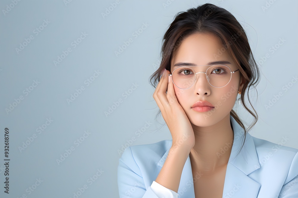 Close-up of a stressed Asian businesswoman, digital painting, hyper-realistic style, isolated on white background Close-up of a stressed Asian businesswoman, digital painting, hyper-realistic style, isolated on white background