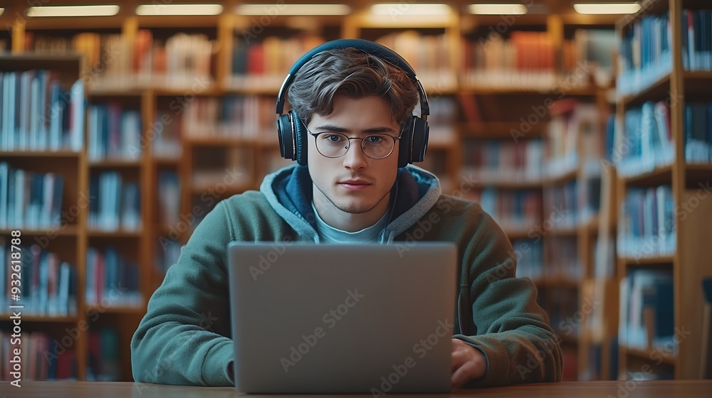 Portrait of a Smart Male Putting On Headphones and Working on a Laptop Computer Young Man Doing a Homework Assignment and Preparing for Political Science Exams in a College Library : Generative AI Portrait of a Smart Male Putting On Headphones and Working on a Laptop Computer Young Man Doing a Homework Assignment and Preparing for Political Science Exams in a College Library : Generative AI