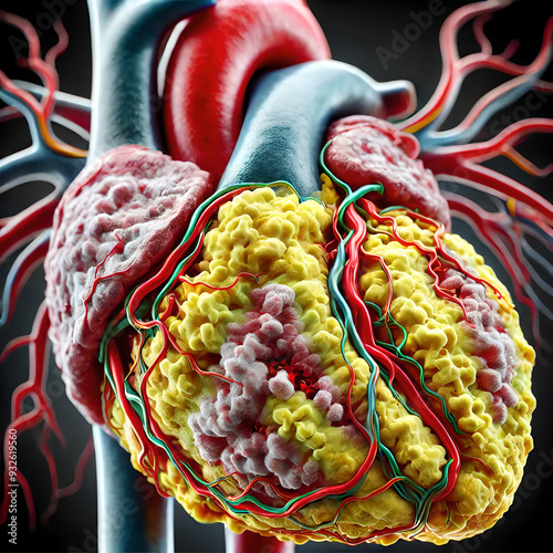 Heart anatomy: 3D human heart illustrating coronary artery disease (CAD) with significant plaque build-up in the coronary arteries. focus highlight the narrowed areas of the arteries. photo