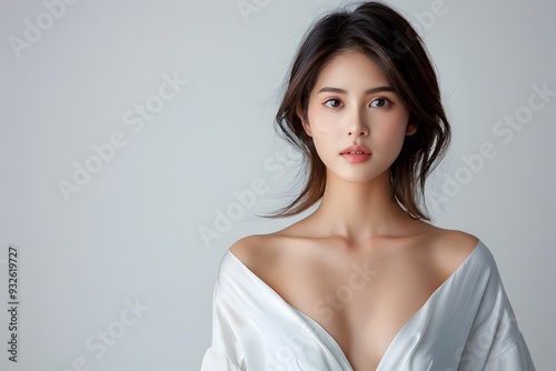 Portrait of a young Asian beautiful woman, minimalistic style, soft lighting, isolated on white background