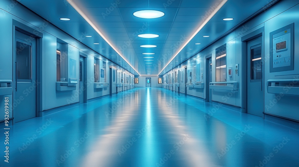 A modern, illuminated hospital corridor with blue lighting. A modern, illuminated hospital corridor with blue lighting.