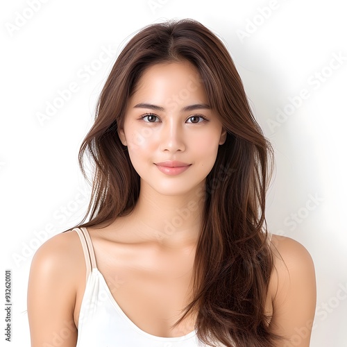 Portrait of a young Asian beautiful woman, minimalistic style, soft lighting, isolated on white background