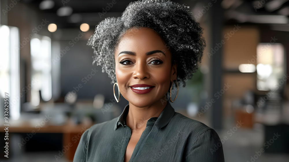 Obraz premium A confident woman smiling in a modern office setting.