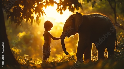 Silhouette of little boy stand and touch leg of elephant with sunlight shine through tree in forest in concept of good relationship between human and wildlife animal : Generative AI