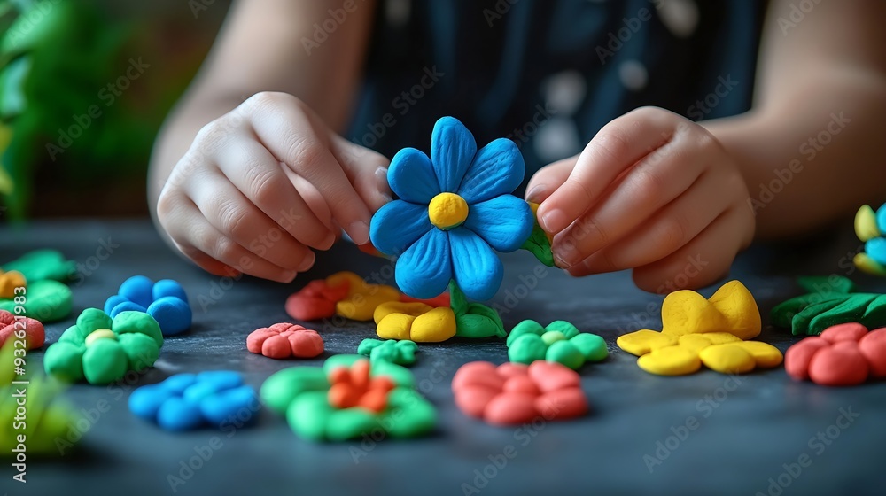 Childs hands make flower and other things from multicolored clay dough plasticine homeschooling game with clay Early development concept Educational and entertaining activities for chi : Generative AI Childs hands make flower and other things from multicolored clay dough plasticine homeschooling game with clay Early development concept Educational and entertaining activities for chi : Generative AI