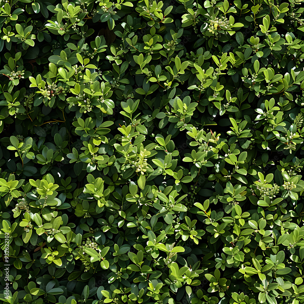 Fototapeta premium Vibrant Green Shrub in Full Bloom: A Harmonious Blend of Lush Foliage and Tiny Flowers Reflecting Nature's Elegance and Resilience
