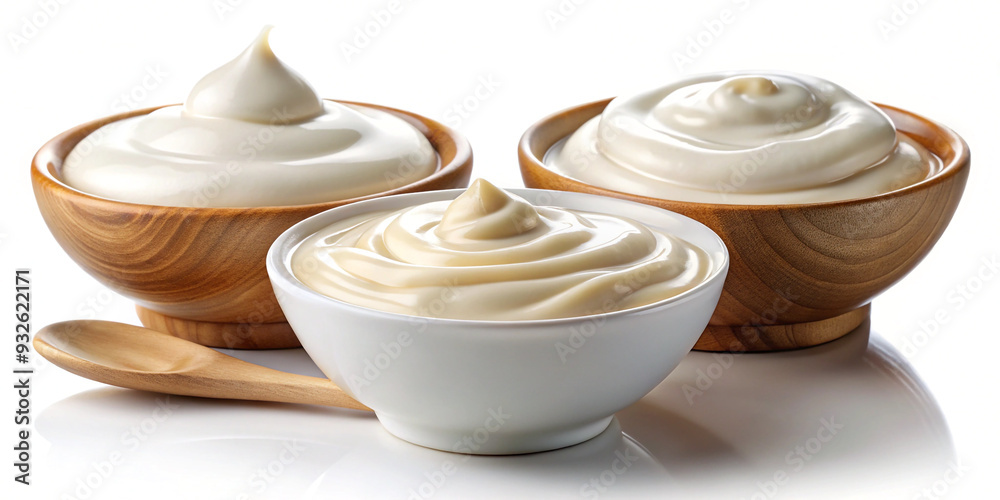 Sour cream in spoon, mayonnaise, and yogurt with clipping path Sour cream in spoon, mayonnaise, and yogurt with clipping path