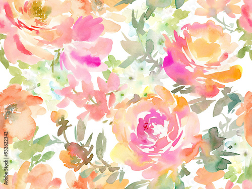 A seamless pattern of abstract roses and flowers painted in watercolor. A floral wallpaper pattern in watercolor. A botanical pattern painted in watercolor for wedding invitations. photo