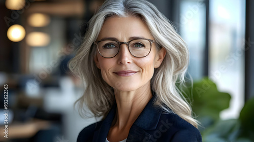A confident woman with gray...