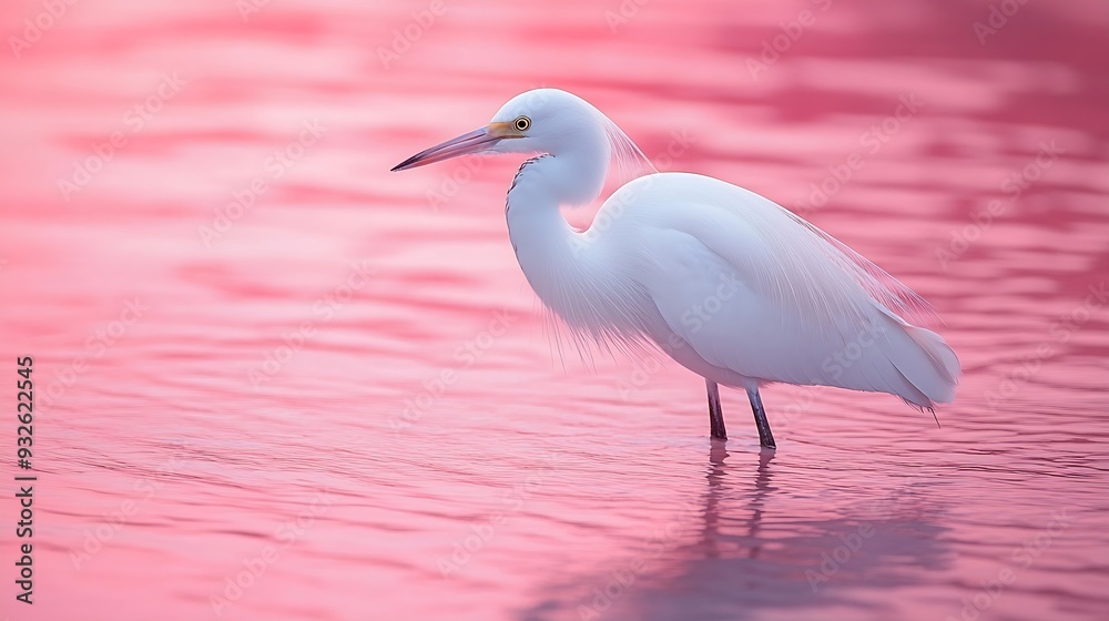 Beautiful white little egret or small heron bird standing in the pink sunrise water of sea bay with airplane on background : Generative AI Beautiful white little egret or small heron bird standing in the pink sunrise water of sea bay with airplane on background : Generative AI