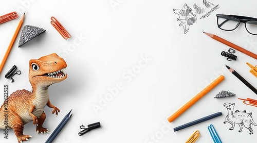 Fototapeta Naklejka Na Ścianę i Meble -  Top view of a friendly dinosaur surrounded by doodles, playful and cute, copy space for text,