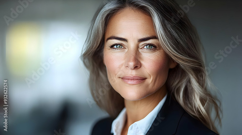 A confident woman with gray...