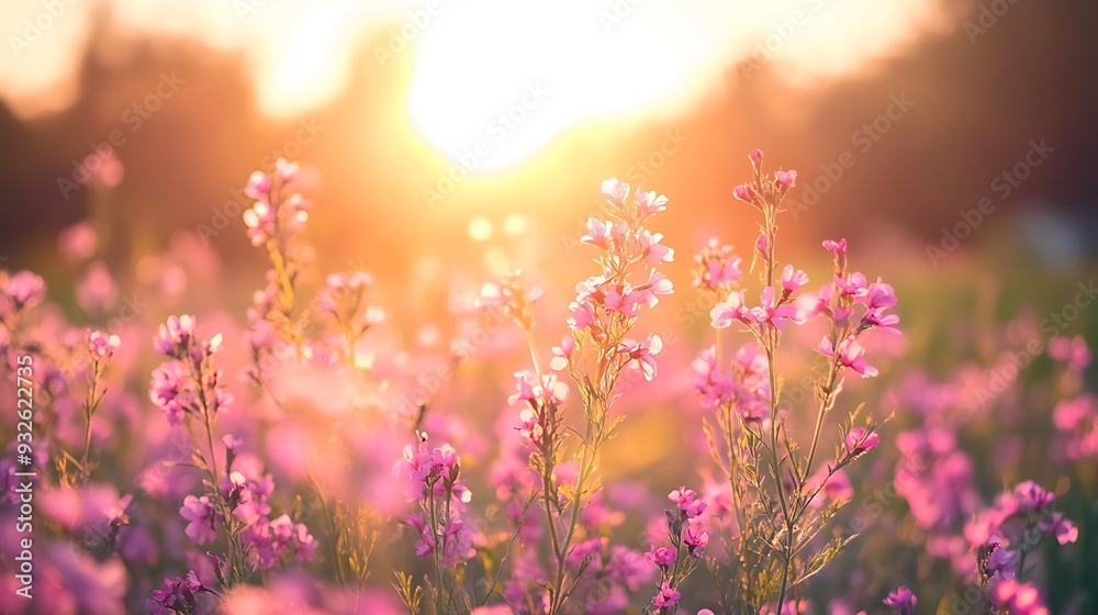 Pink wildflowers bathed in warm sunset light. Pink wildflowers bathed in warm sunset light.