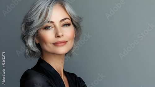 A confident woman with gray...