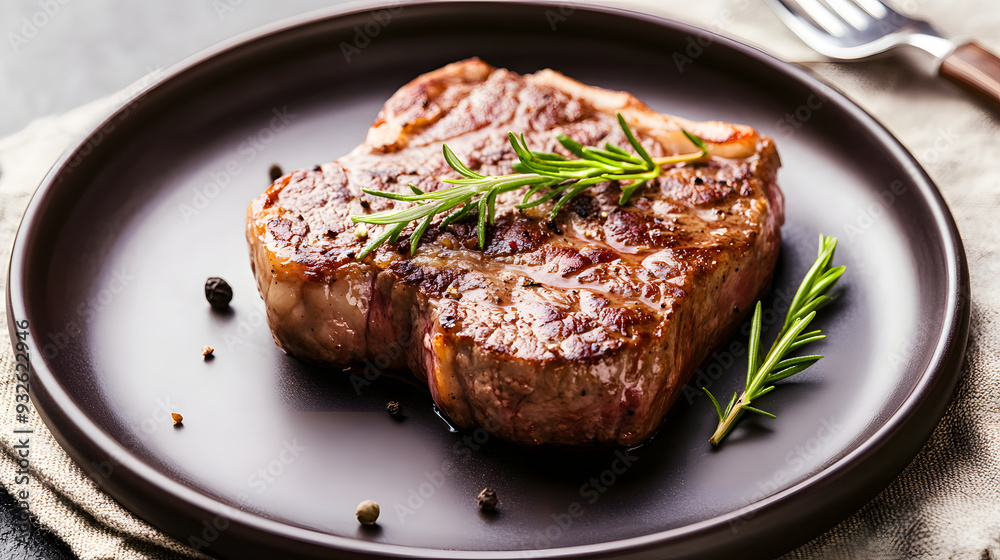 A perfectly cooked steak served on a ceramic plate, capturing the essence of a classic and elegant dining experience. A perfectly cooked steak served on a ceramic plate, capturing the essence of a classic and elegant dining experience.