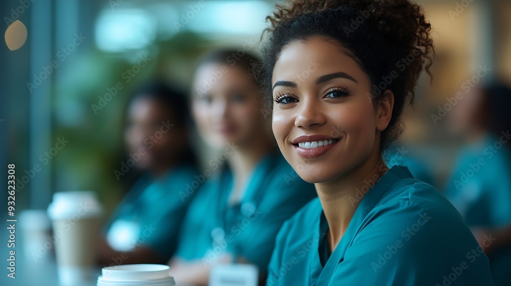 Happy multiracial healthcare workers during coffee break in hospital : Generative AI