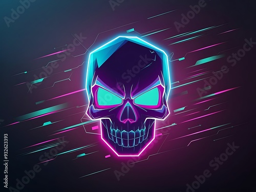 Enhance your designs with this vibrant, abstract background featuring a striking glowing neon skull. The skull, with its sharp geometric edges, is illuminated in bright neon colors such as electric bl