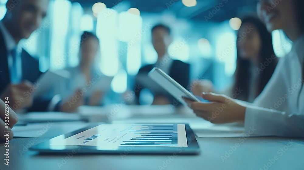 Happy business people and meeting with tablet in office for communication of company strategy and goals Smile corporate group and discussion with technology in boardroom for training i : Generative AI