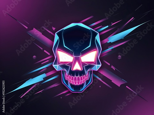 Enhance your designs with this vibrant, abstract background featuring a striking glowing neon skull. The skull, with its sharp geometric edges, is illuminated in bright neon colors such as electric bl