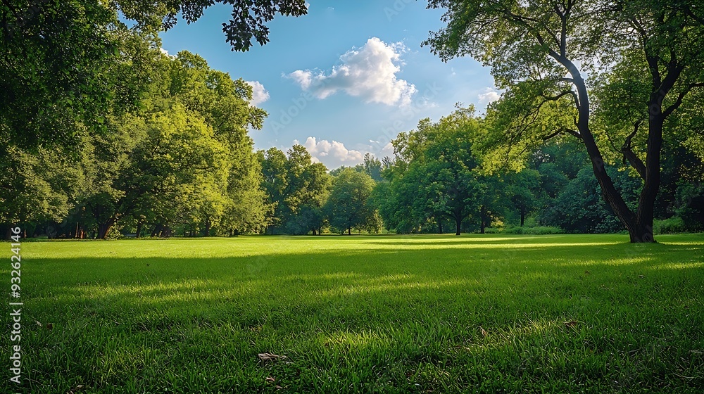 Obraz premium Green tree forest meadow field in city park blue sky Nature green scene background : Generative AI