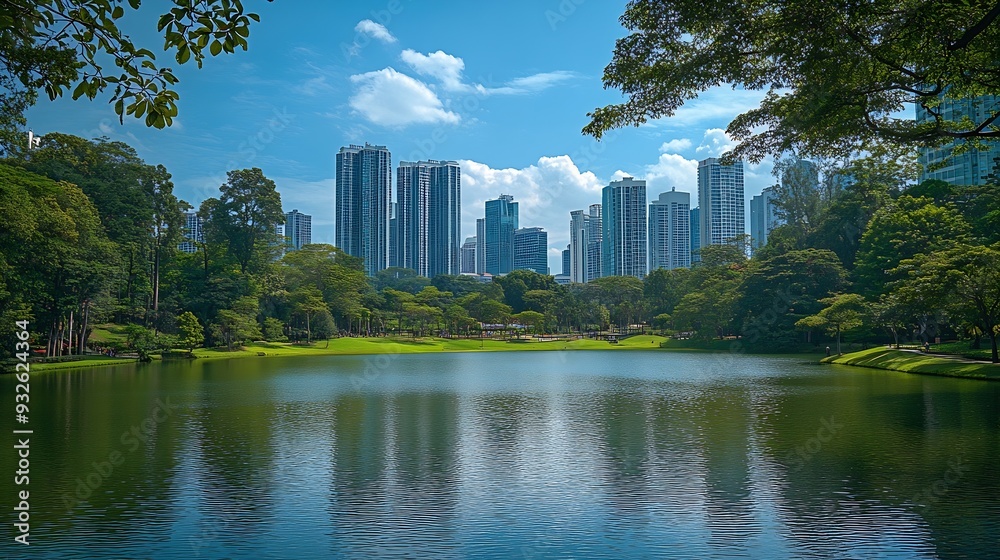 Fototapeta premium Scenic Kuala Lumpur skyline Amazing view of a green city park in Kuala Lumpur Malaysia Highrise buildings are visible on blue sky background Kuala Lumpur is a popular tourist destinati : Generative AI