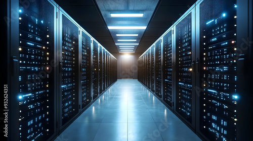 A corridor of server racks ...