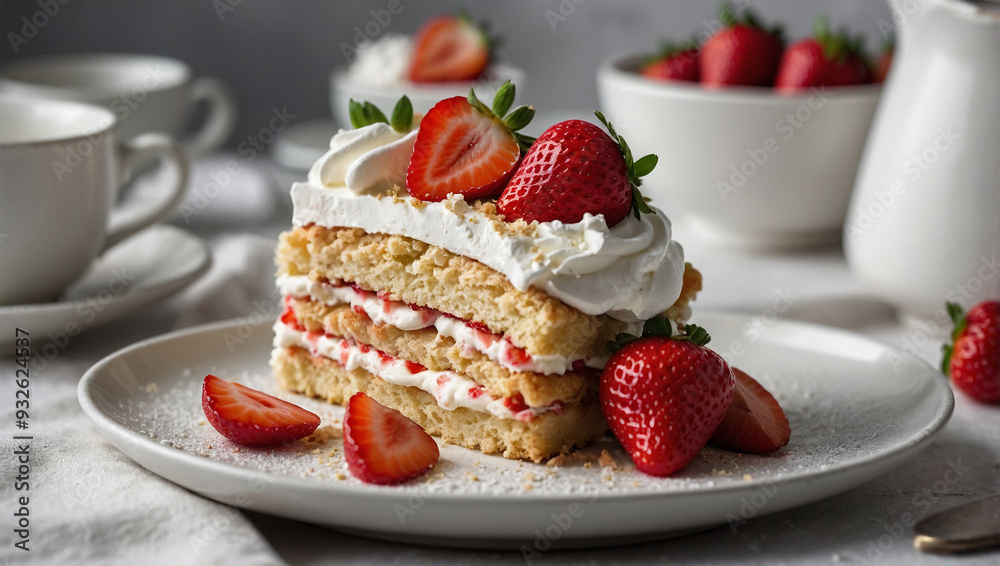 Slice of strawberry shortcake with layers of whipped cream and fresh strawberries on a white plate. Slice of strawberry shortcake with layers of whipped cream and fresh strawberries on a white plate.