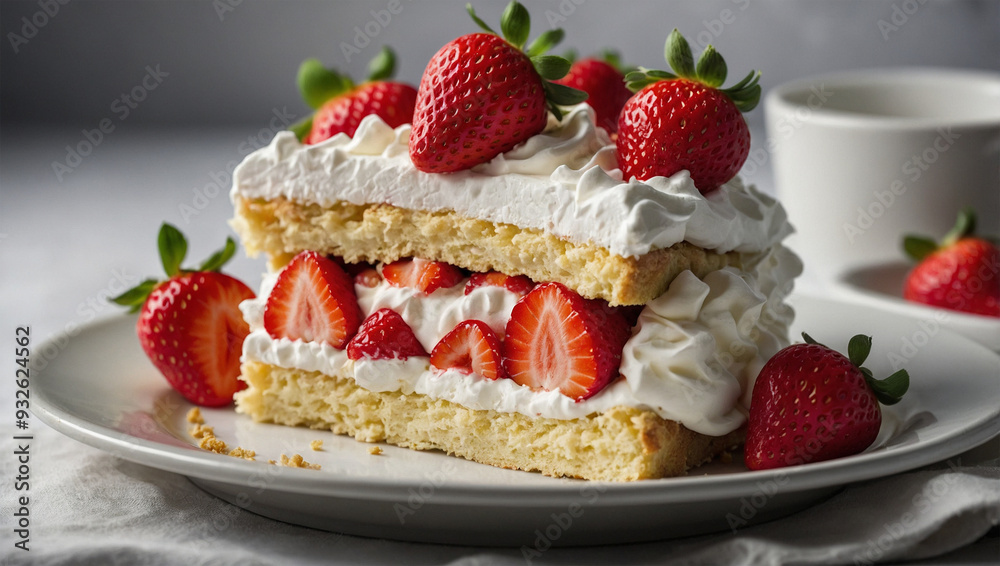 Slice of strawberry shortcake with layers of whipped cream and fresh strawberries on a white plate. Slice of strawberry shortcake with layers of whipped cream and fresh strawberries on a white plate.