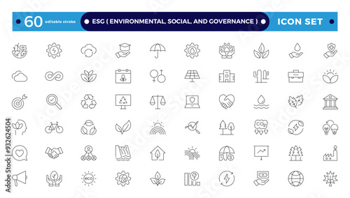 ESG icon Outline set, Environmental, Social, and Governance line icon.  Includes Sustainability, Solar Panel. Set of outline icons about Environmental Social Governance. Editable stroke outline icon. 