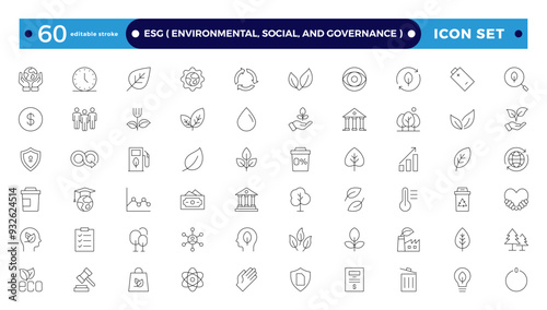 ESG icon Outline set, Environmental, Social, and Governance line icon.  Includes Sustainability, Solar Panel. Set of outline icons about Environmental Social Governance. Editable stroke outline icon. 