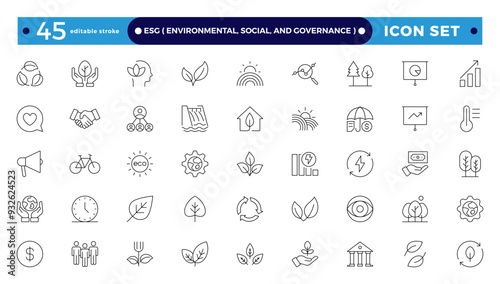 ESG icon Outline set, Environmental, Social, and Governance line icon.  Includes Sustainability, Solar Panel. Set of outline icons about Environmental Social Governance. Editable stroke outline icon. 
