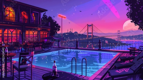 Nighttime View of a Rooftop Pool in Istanbul