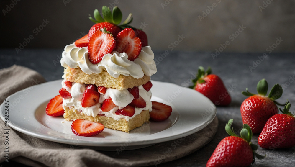 Slice of strawberry shortcake with layers of whipped cream and fresh strawberries on a white plate. Slice of strawberry shortcake with layers of whipped cream and fresh strawberries on a white plate.