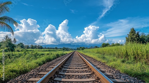 Empty railway track under blue sky through nature in Indonesia background concept : Generative AI photo