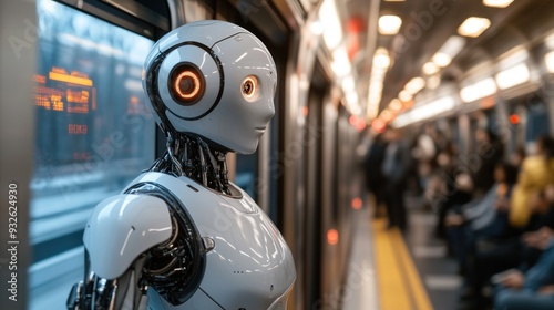 Wallpaper Mural Business Robot Exiting a Train Concept showcases AI's role in modern commuting with sleek design.. Torontodigital.ca
