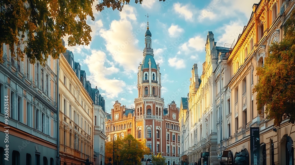 Naklejka premium Panorama of Riga with a focus on the building of the latvian academy of sciences or latvijas zinatnu akademija Its a vintage skyscraper a landmark of soviet stalinist architecture in R : Generative AI