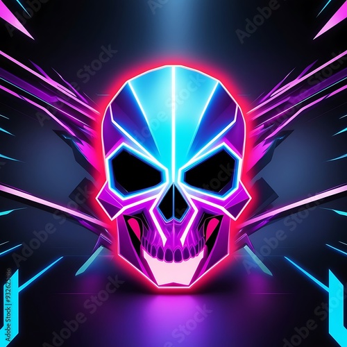 Enhance your designs with this vibrant, abstract background featuring a striking glowing neon skull. The skull, with its sharp geometric edges, is illuminated in bright neon colors such as electric bl