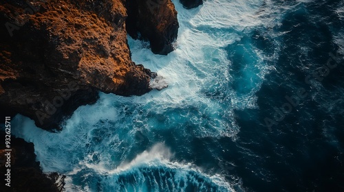 Aerial view of rough ocean with waves and volcanic beach porto Moniz Madeira Portugal : Generative AI photo