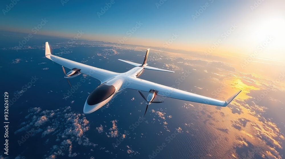 Conceptual illustration of a hydrogen-powered aircraft soaring above azure sky Conceptual illustration of a hydrogen-powered aircraft soaring above azure sky