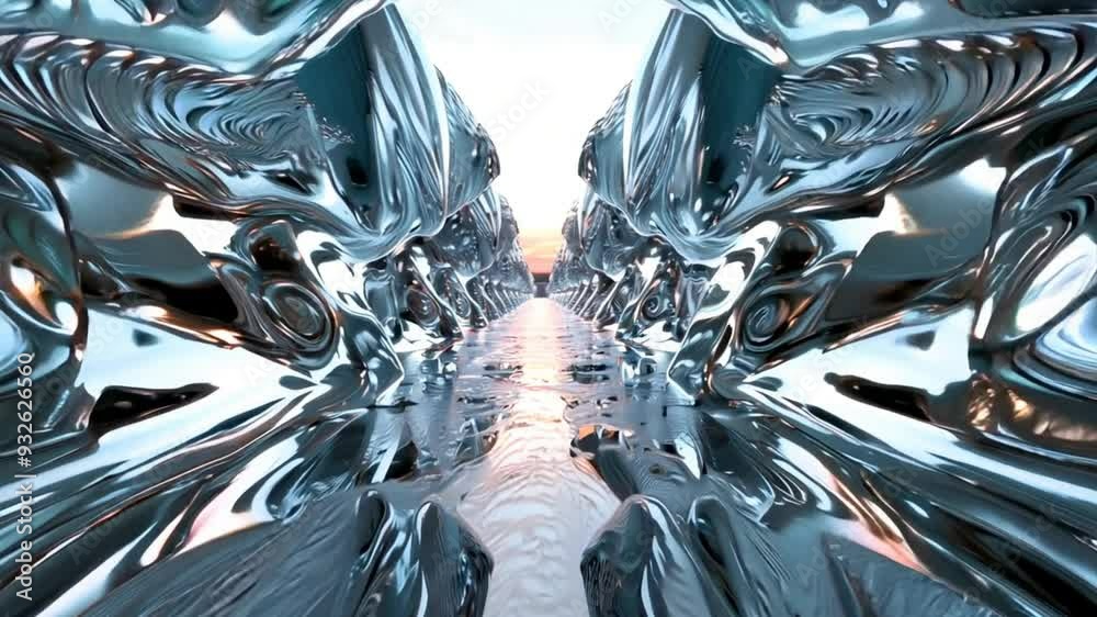 Liquid Metal Corridor: A mesmerizing journey through a futuristic tunnel of molten chrome, reflecting a distant sunset in its fluid surfaces. 