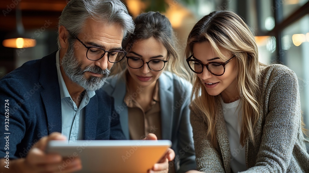 Fototapeta premium Banner with successful business people discussing business project as team Mature 40s years old man businessman ceo young adult woman businesswoman employee work together on pc tablet : Generative AI