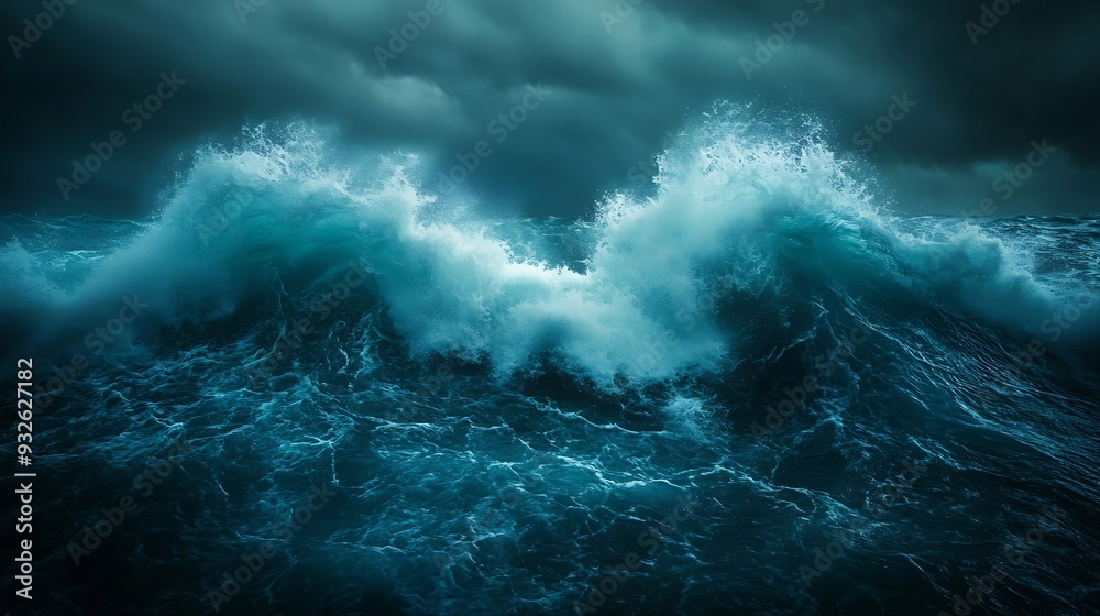 Fototapeta premium The power and beauty of nature are on full display in this image of a stormy ocean with large crashing waves in the background : Generative AI